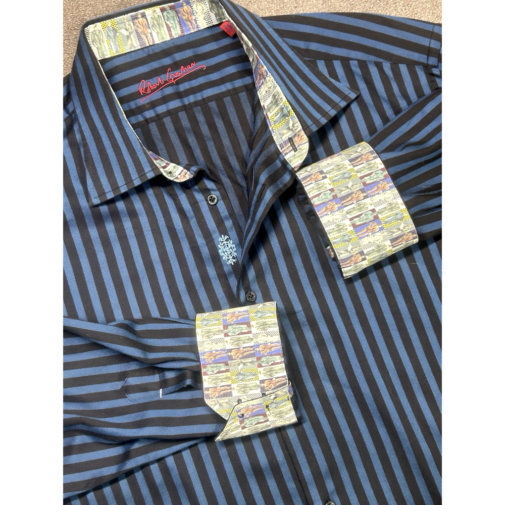 Robert Graham SZ 18 XL Bold Blue‎ Vertical Stripe on Black Flip Cuff L/S Shirt